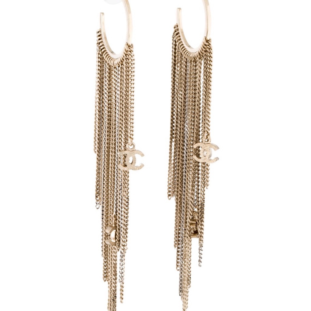 CHANEL Gold Chain Fringe Hoop Earrings with CC Charms